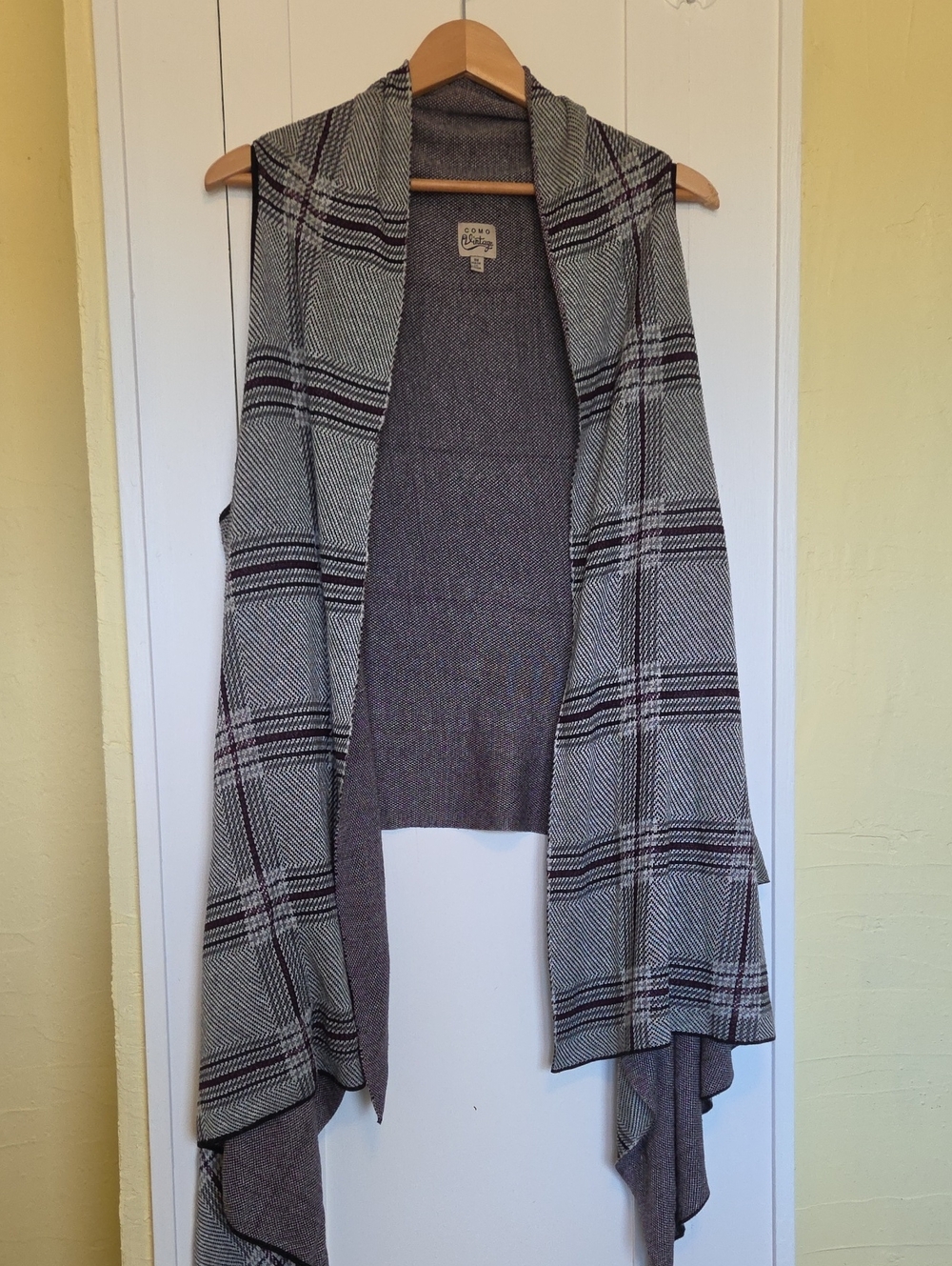 Como Vintage Gray Plaid Draped Open-Front Knit Vest